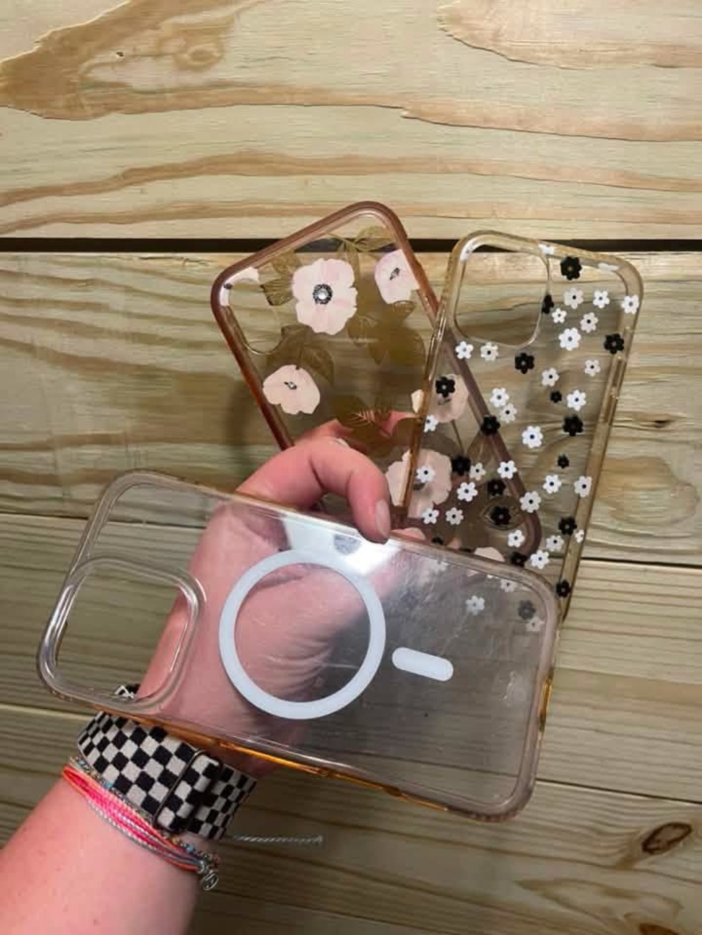 Clear Floral MagSafe-Compatible Phone Case — Pink & Black Floral Accents